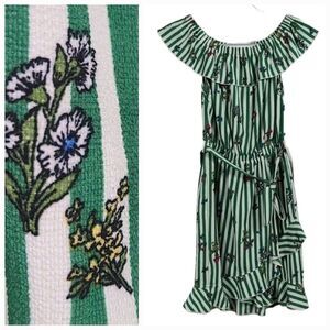 PrettyLittleThing Bardot Off the Shoulder Ruffled Green Stripe Floral Dress PLT